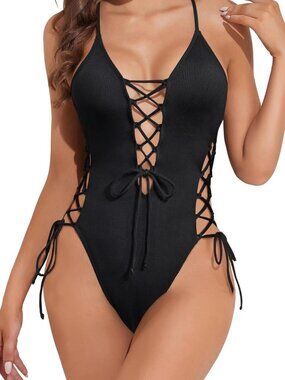 Tempt Me Lace Up Ribbed V Neck One Piece Swimsuit